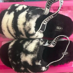 UGG Black and White Fluffy Slides